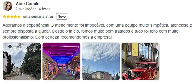 Avaliação 5 estrelas de Aidê Camile no Google: Adoramos a experiência! O atendimento foi impecável, com uma equipe muito simpática, atenciosa e sempre disposta a ajudar.