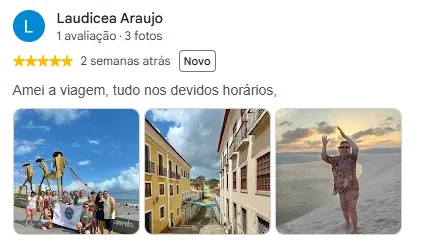 Avaliação 5 estrelas de Laudicea Araujo no Google: Amei a viagem, tudo nos devidos horários.