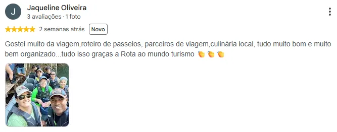 Avaliação 5 estrelas de Jaqueline Oliveira no Google: Gostei muito da viagem, roteiro de passeios, parceiros de viagem, culinária local, tudo muito bom e muito bem organizado.
