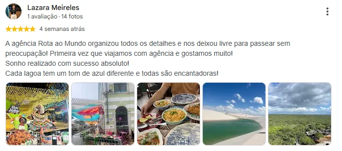 Avaliação 5 estrelas de Lazara Meireles no Google: A agência organizou todos os detalhes e nos deixou livres para passear sem preocupação! Sonho realizado com sucesso absoluto!